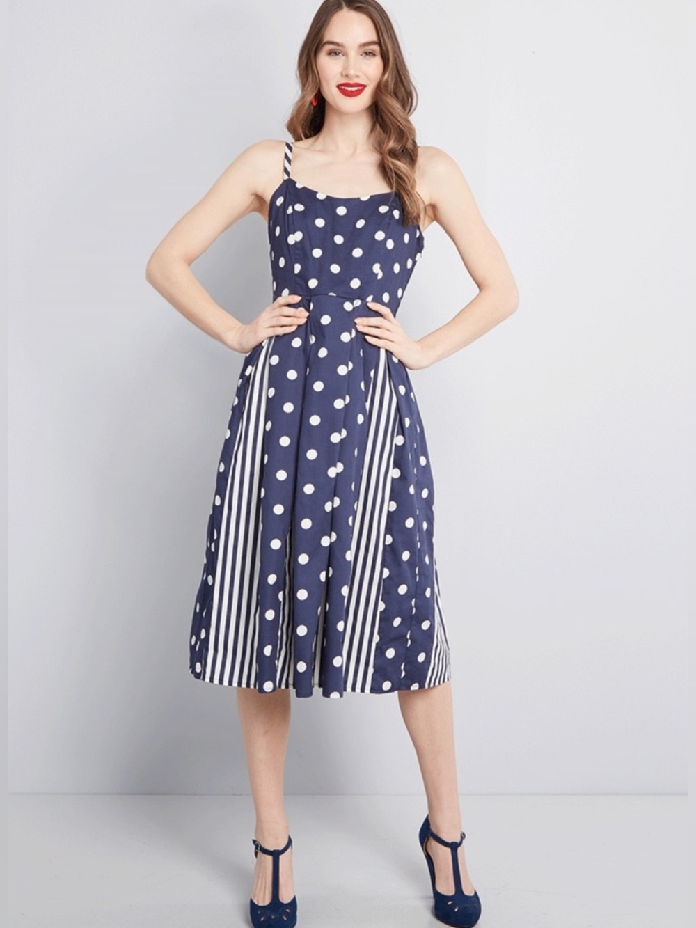 ModCloth Fit & Flare Polka Dot Striped Pleated Midi Dress 4 Retro Nautical Navy